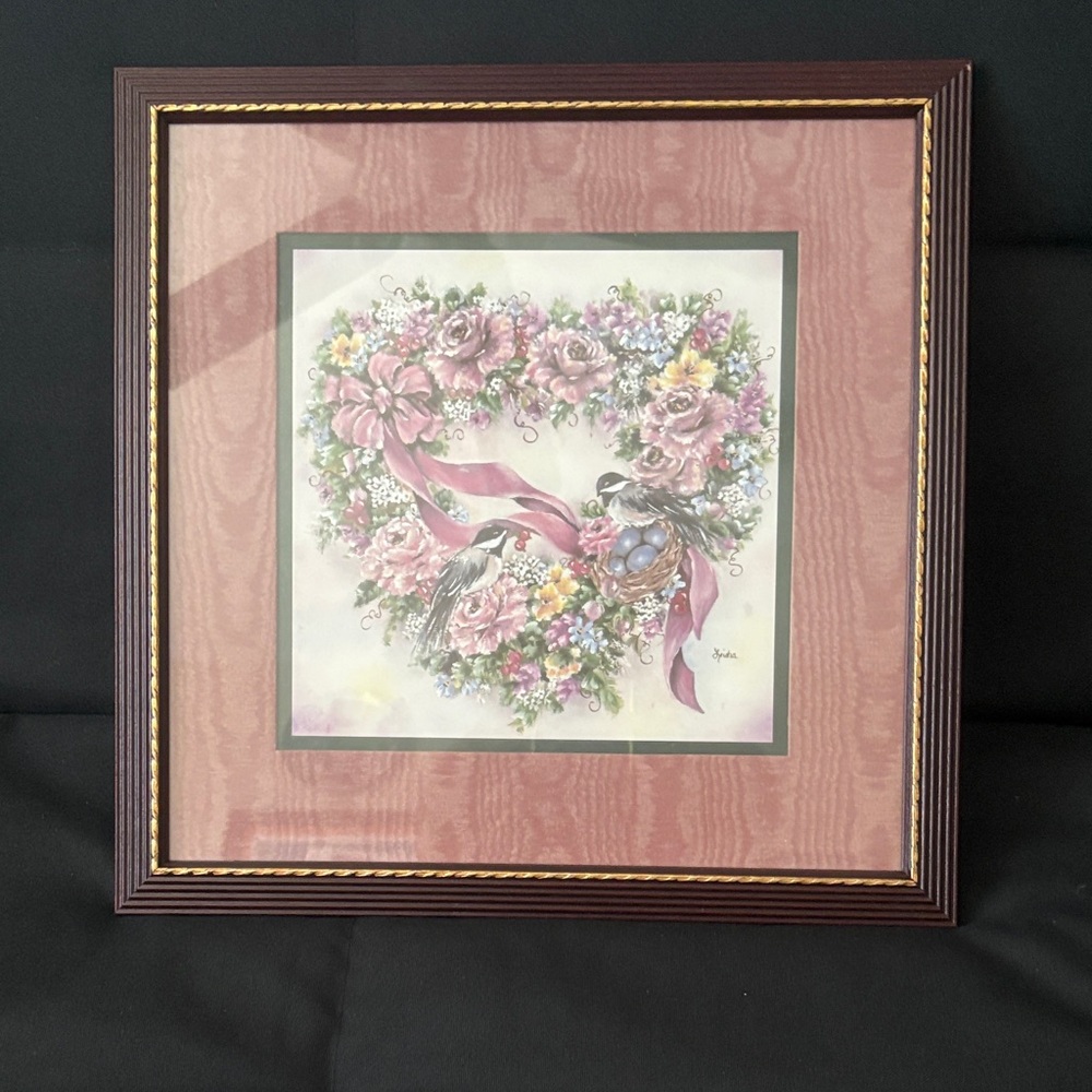 Home Interiors Floral Heart Art - Pink and Blue